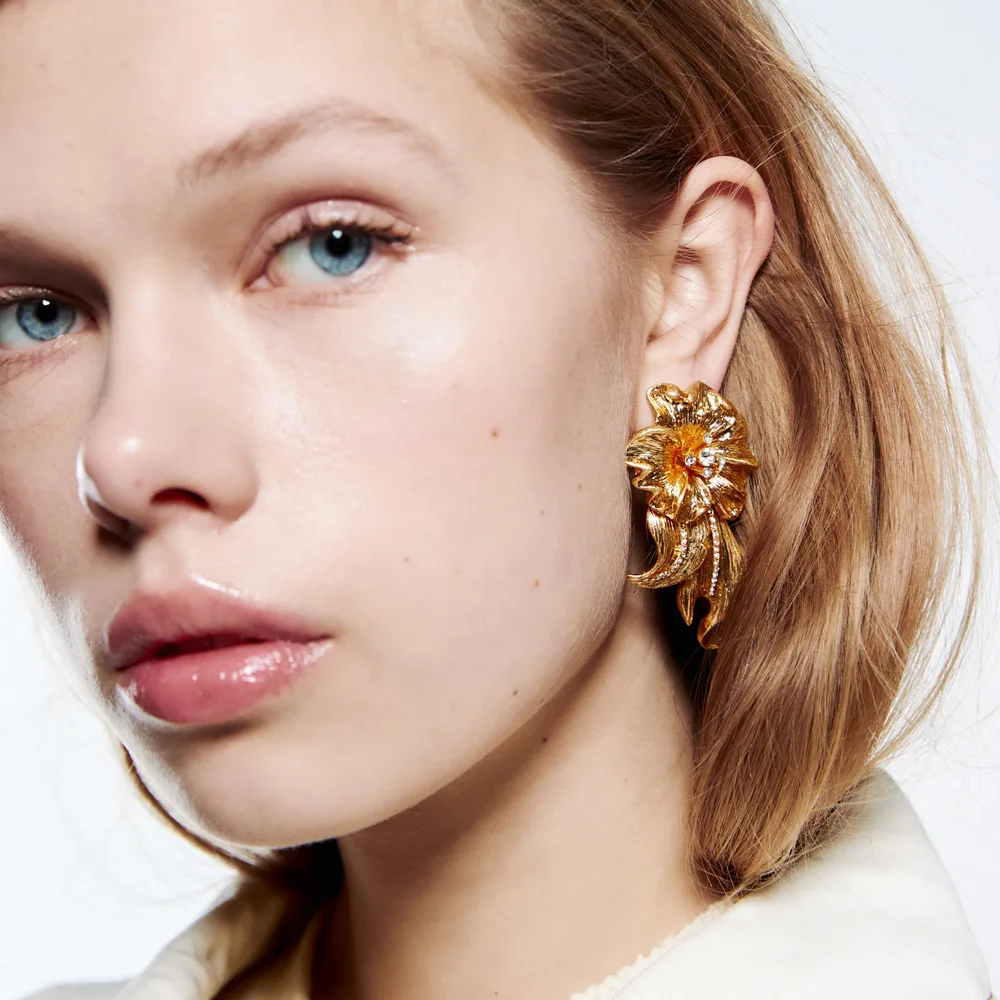 

ZA Rhinestone Flower Leaf Metal Earrings Women's Exaggerated Retro Dangle Earrings Banquet Jewelry Accessories