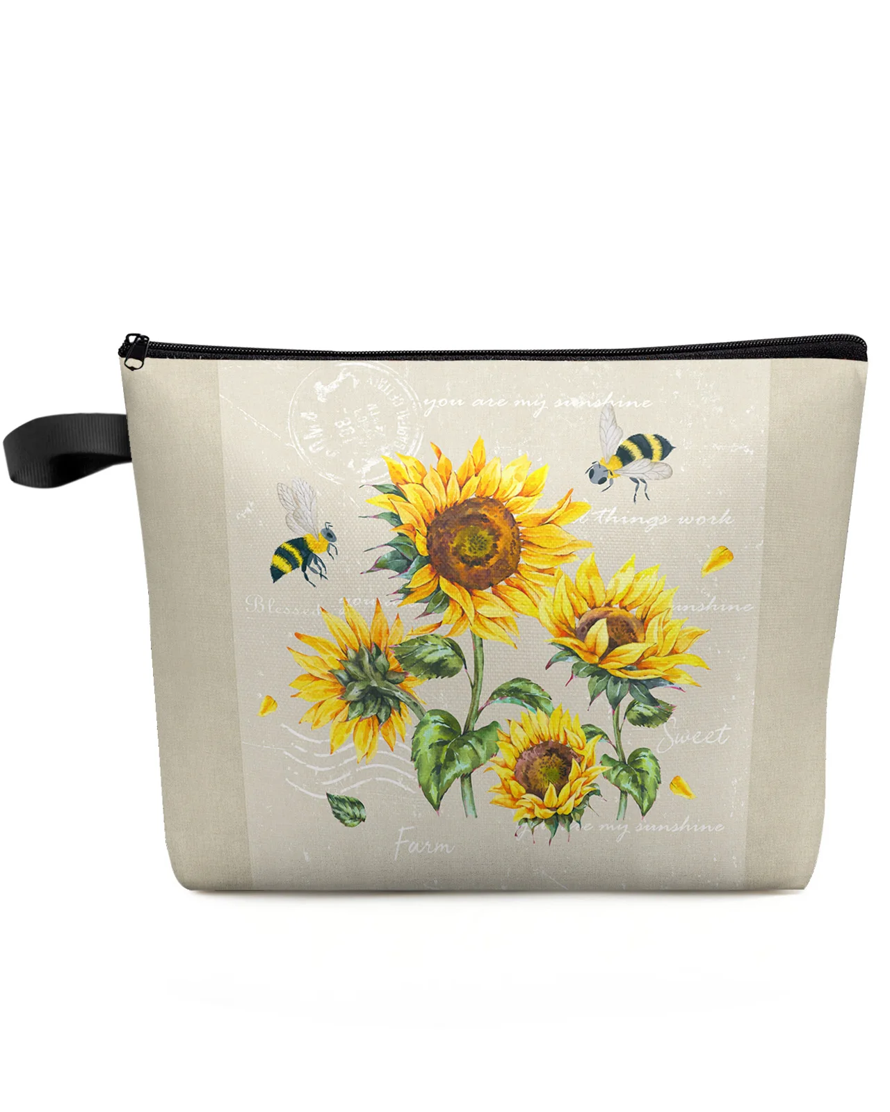

Farm Rustic Retro Flowers Sunflower Bee Custom Travel Cosmetic Bag Portable Makeup Storage Pouch Women Waterproof Pencil Case