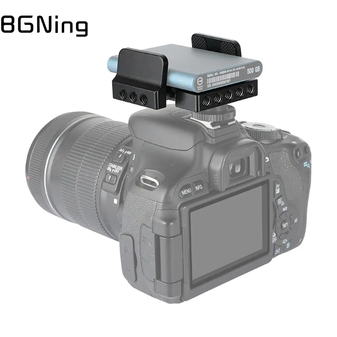 

BGNing Universal SSD Holder Clamp Adjustable Width 35mm-80mm With 1/4"-20 Mounting Points & Shoe Mount Connector For DSLR Camera