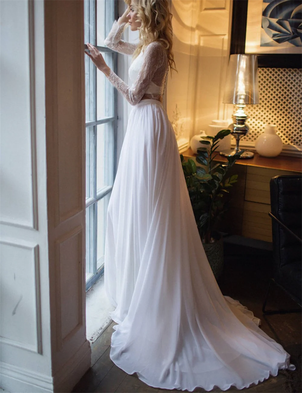 

O-Neck Two Piece Sheer Sweep Train Lace Long Sleeve Chiffon Wedding Dress Bride Gown Vestidos De Novia robe mariée