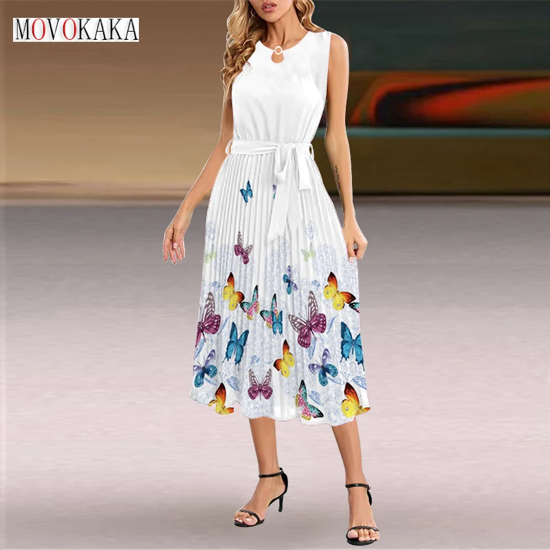 

MOVOKAKA Ladies Spring Summer White Pleated Dress Women Sleeveless Waist Tie Dresses Party Butterfly Printing Elegant Mid Dress