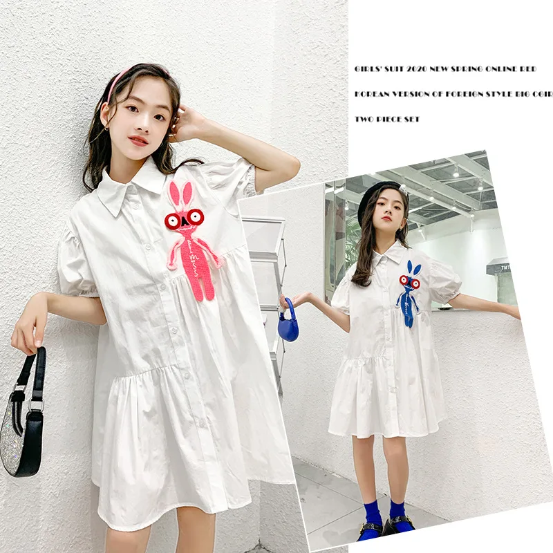 

Cartoon Shirt Dress for Girls Summer Casual Puff Sleeve White Princess Dresses Teen Kids Clothes 13 14 Years School Child Dress