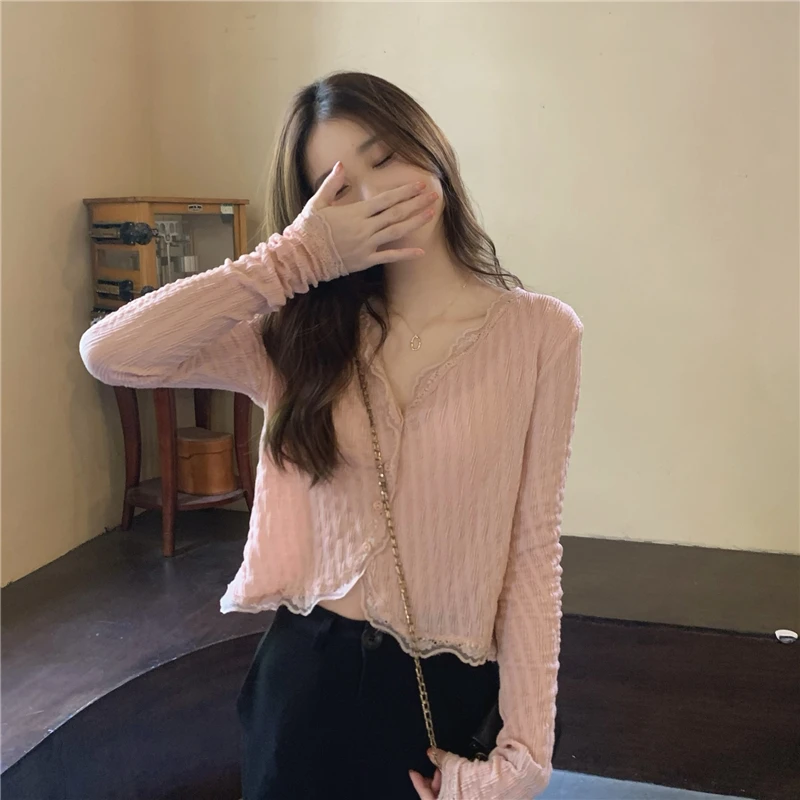 

Gentle Girly Shirt 2022 Spring and Summer Feminine V-neck Sweet Long-sleeved Sunscreen Shirt Jacket Summer Pink Korean Fashion