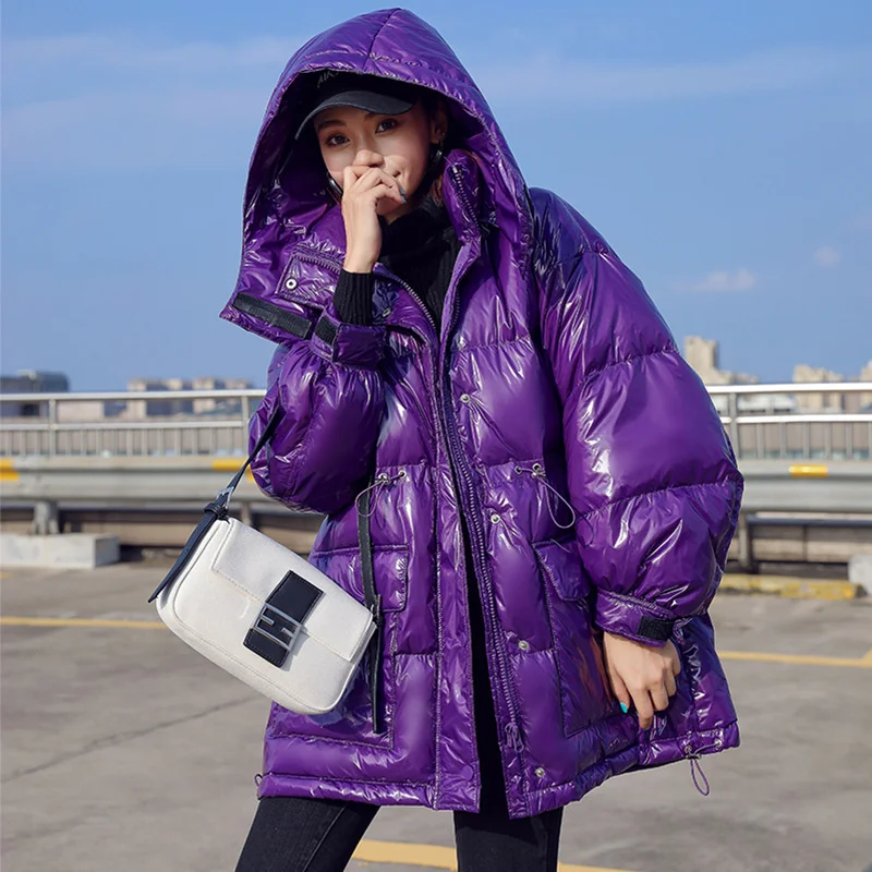 jacket down Glossy women disposable 2023 new mid-length waist candy color fashion white duck down hooded jacket