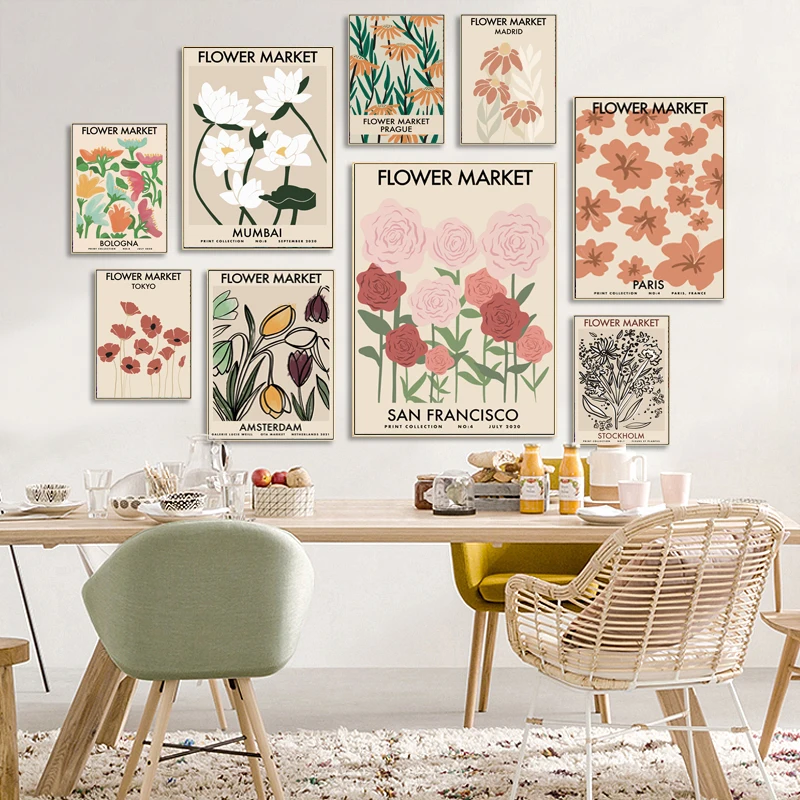 

Nordic Abstract Geometric Japanese Flower Market Small Floral Wall Art Canvas Painting Posters For Living Room Home Decor