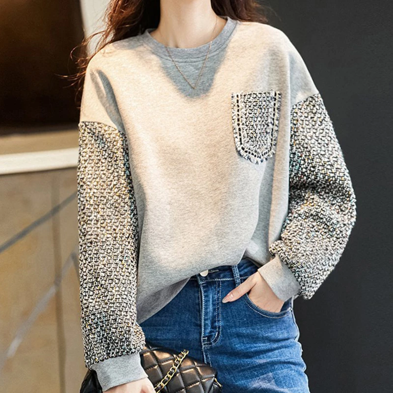 

Fashion Solid Color Patchwork Pockets O-neck Long Sleeved Hoodies Popularity All-match New Trend Women's Clothing