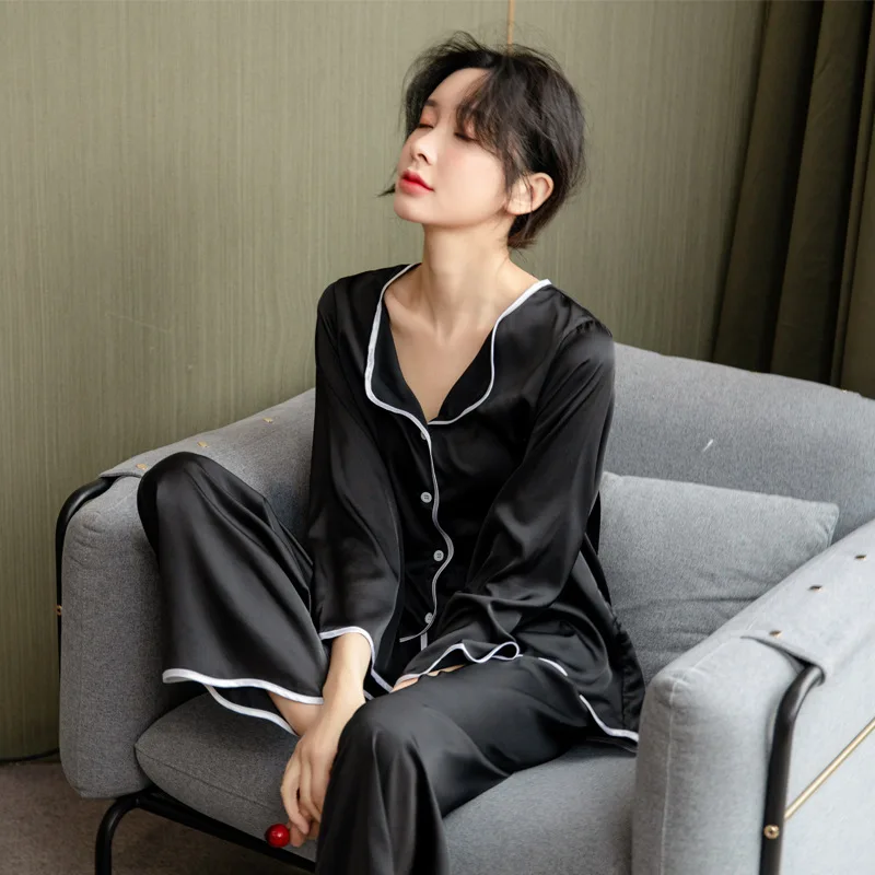 

Black Pajamas Set Female Long Sleeve Pants Two-piece Suit Pijamas Sexy Sleepwear Spring Summer Nightwear Casual Home Clothing