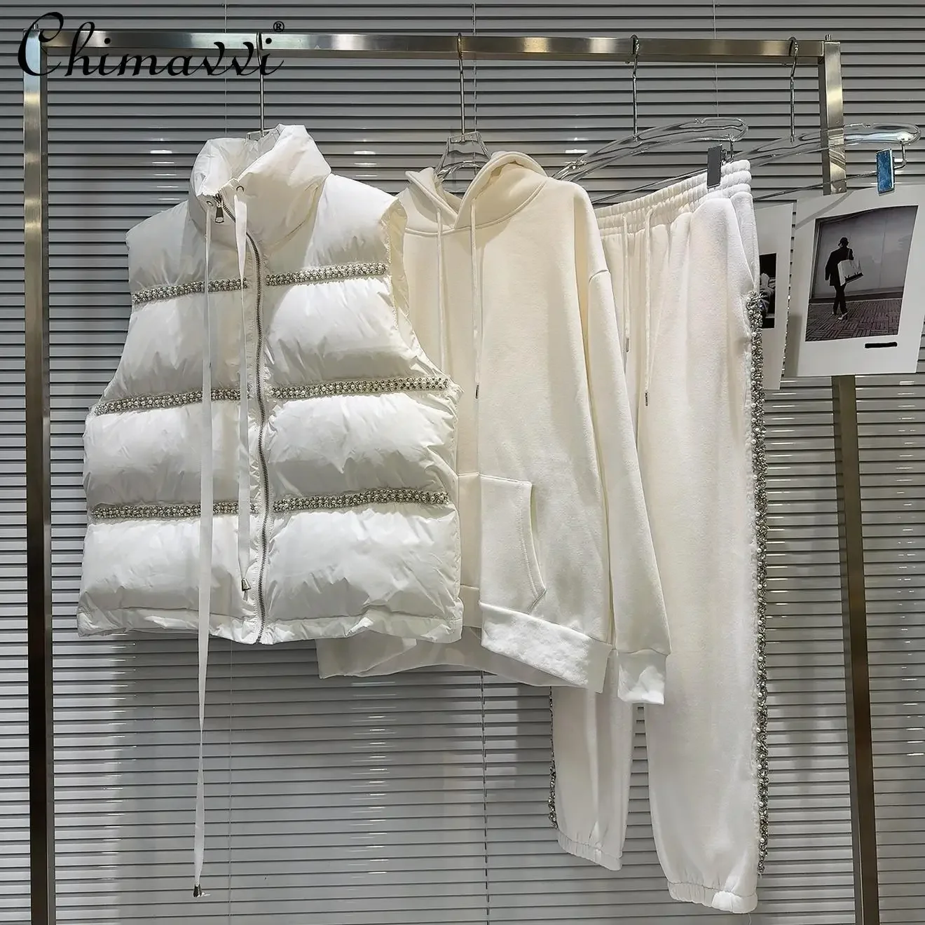 Новый зимний пуховый жилет с тяжелыми жемчужными бусинами толстовки капюшоном