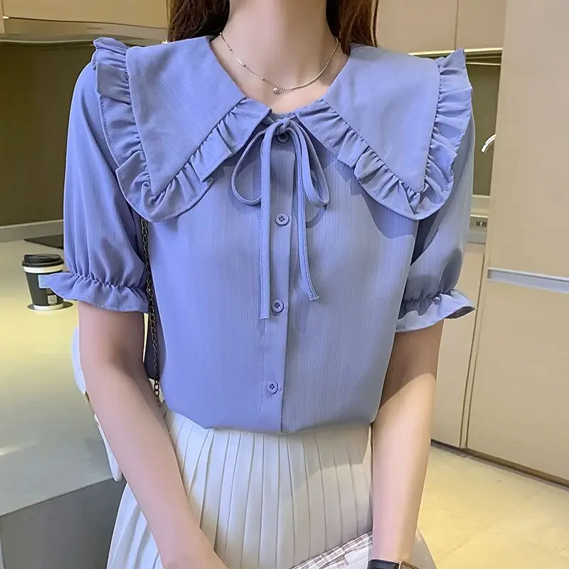 

Универсальная шифоновая рубашка, топы с коротким рукавом и воротником «Питер Пэн», однотонная Свободная блузка, модная женская одежда в Корейском стиле для весны и лета