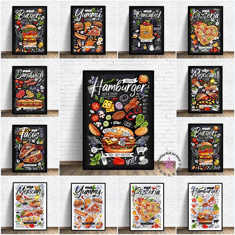 

Restaurant Kitchen Decor Poster Graffiti Food Fries Burger Pizza Sandwich Still Life Canvas Painting Print Wall Art Cuadro Mural