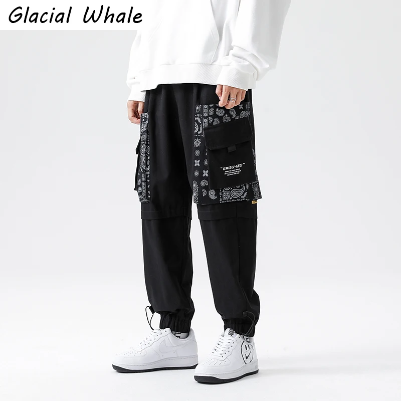 

GlacialWhale Mens Baggy Sweatpants Men Side Pockets Patchwork Cashew flowers Joggers Male Trousers Jogging Casual Pants For Men