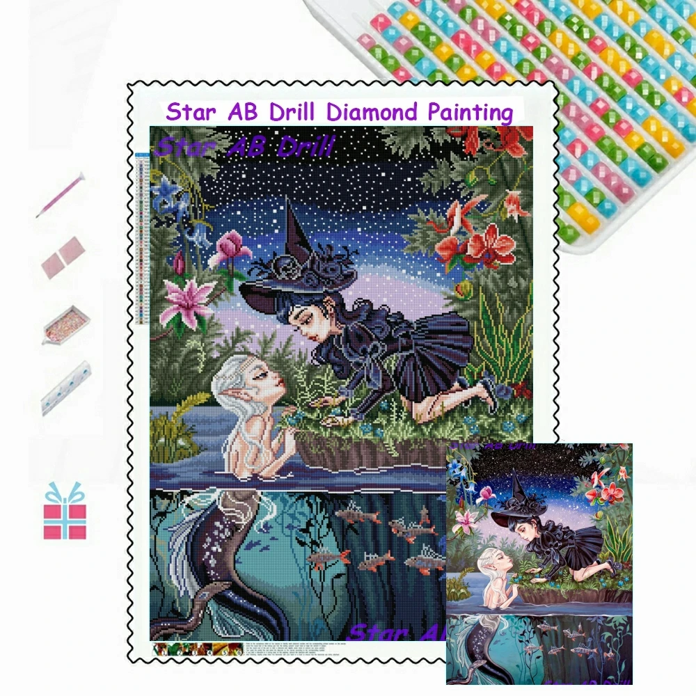 

Cartoon Witch 5D DIY AB Drills Diamond Painting Beautiful Girl Fantasy Mermaid Cross Stitch Embroidery Picture Mosaic Home Decor