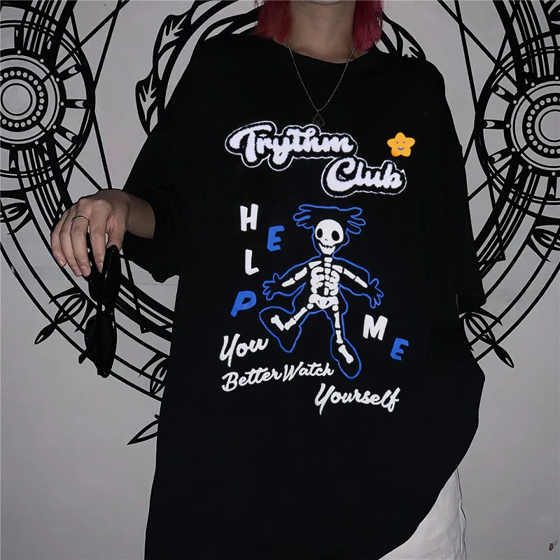 

Goth Black Letter Skull Oversized T Shirt Men Flame T-shirt Summer Casual Loose Short Sleeve T Shirt Fashion Harajuku Tops