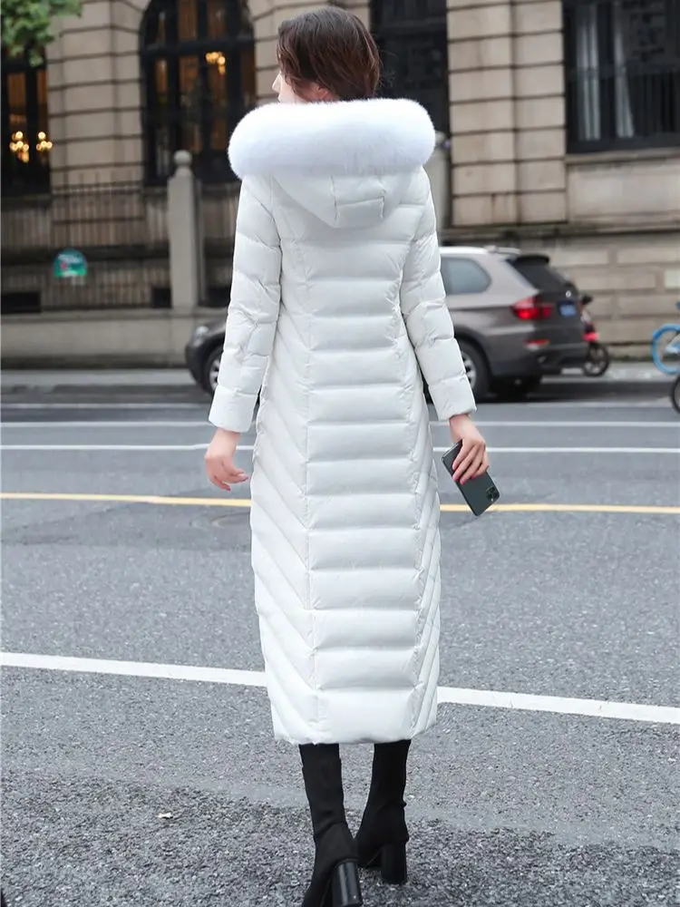 New Women Wash Free Glossy Surface Down Coat Winter Fashion Hooded Genuine Fox Fur Collar Thicken Warm Down Jacket Ankle-Length