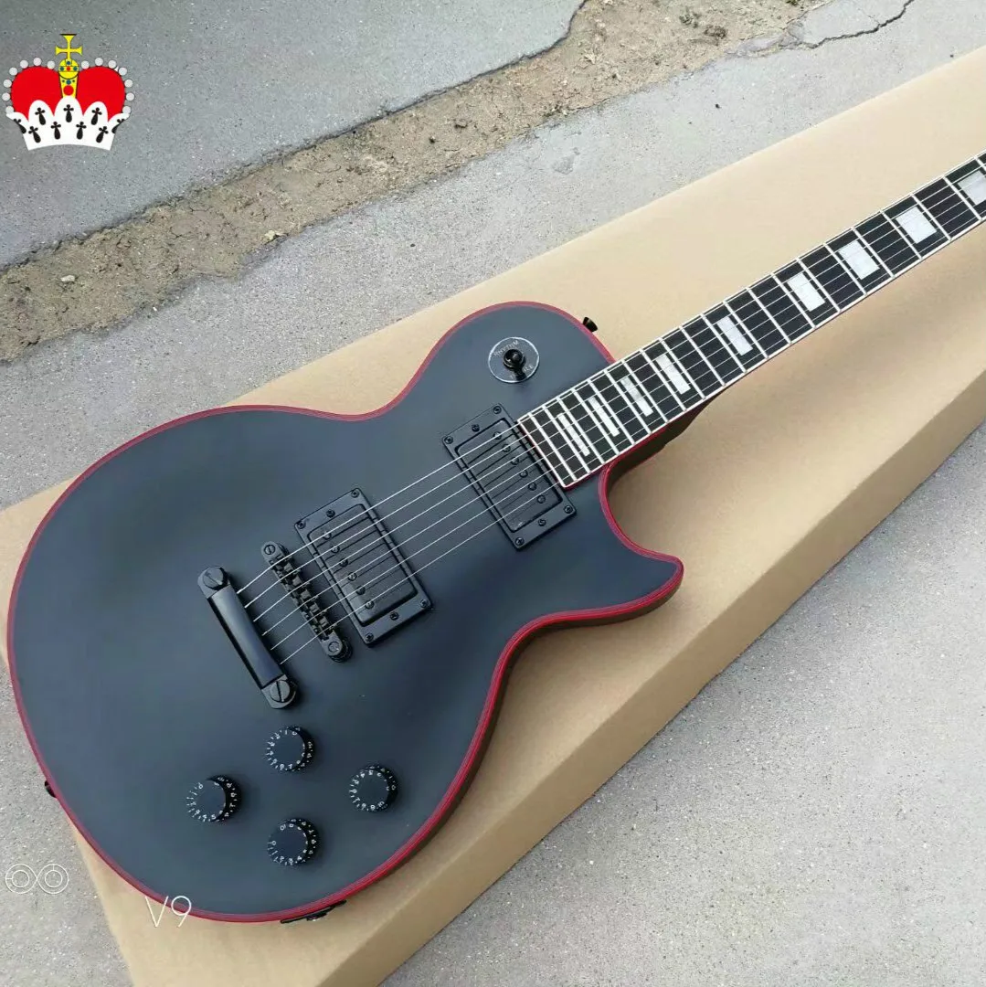 

2023 New!!! Matte Black Color Custom LP Electric Guitar, Solid Body, Red Celluloid Binding, Ebony Fretboard, Binding Frets