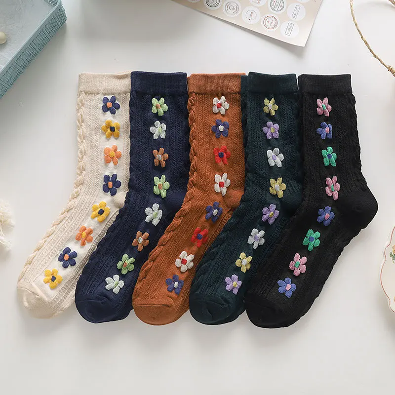 

College Style Woman Clothes Cute Socks Women's Pure Cotton Kawaii Japanese Harajuku Korean Floret Stockings Trendy Medium Hose