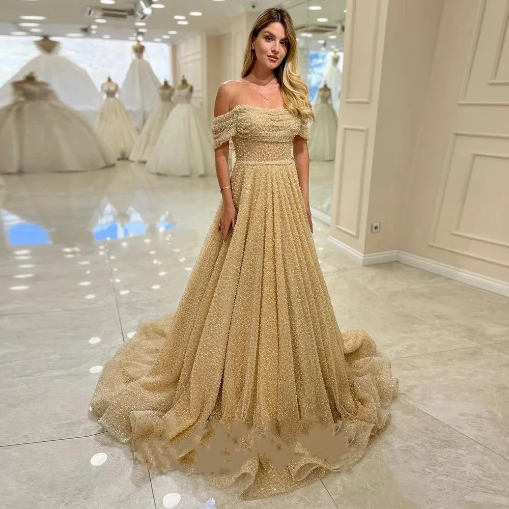 

Flora Dress Champagne Sequins Beading A-Line Boat Neck Off Shoulder Prom Dress Celebrity Sexy Floor Lengh 2023 Evening Gown