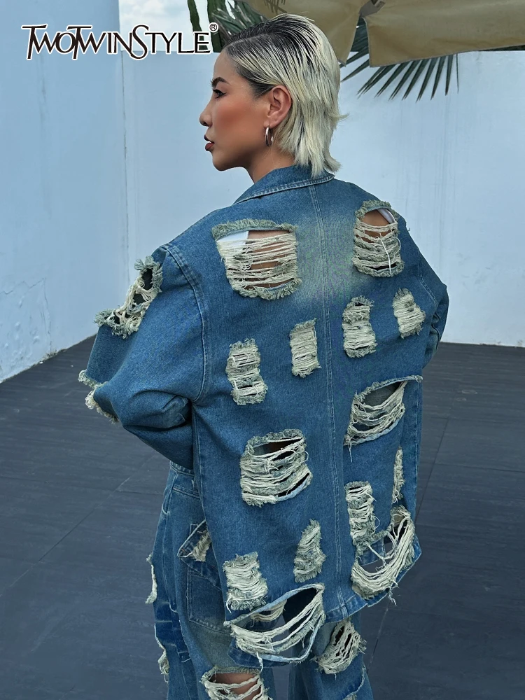 

Женская джинсовая куртка TWOTWINSTYLE, свободная повседневная куртка с длинным рукавом и отложным воротником, 2023