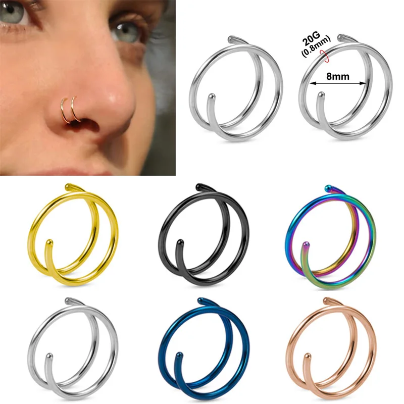 2pcs Stainless Steel Double Nose Ring Spiral Nose Septum Piercing Cartilage Hoop Earrings Tragus Helix for Women Nostril Jewelry