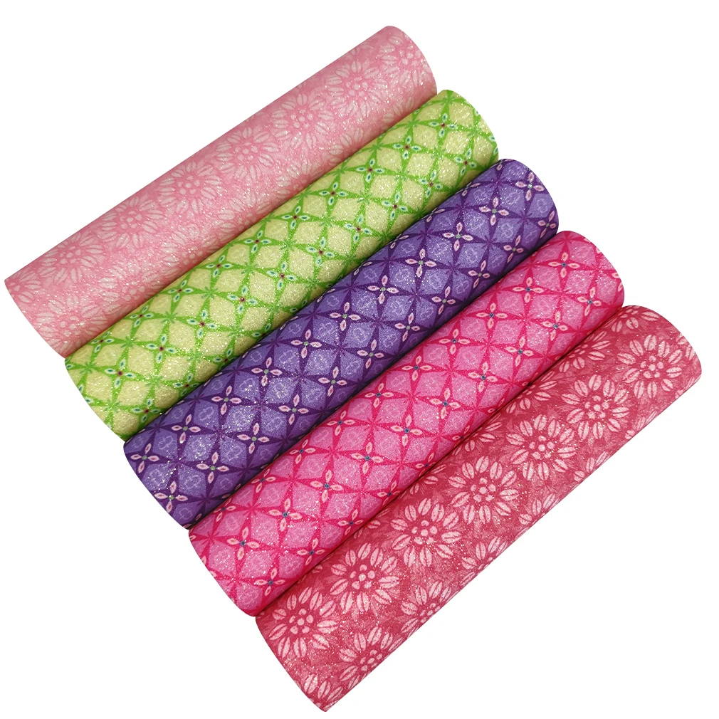 

Pattern Printed Colorful Shiny Sparkling Fine Glitter Faux Leather Fabric Sheet for Making Shoe/Bag/DIY Accessories