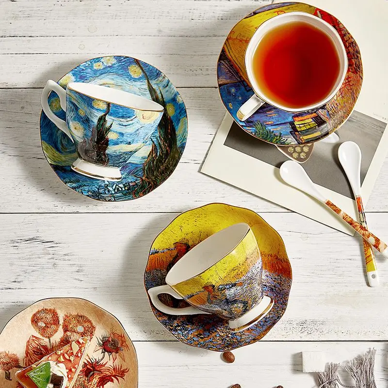 

Fine Bone China Van Gogh Coffee Cups with Saucer Espresso Sets Xicaras Para Conjunto 6 Pecas Cafe Mugs Tasse À Café Dropshipping