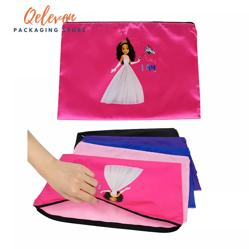 

Satin Hair Zipper Bag Luxury Silk Satin Cosmetic Zipper Bag Custom Logo Hair Extension Packaging Satin Bag For Wigs
