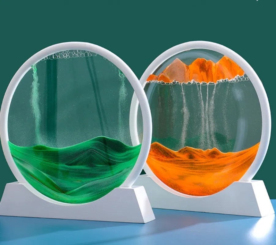 

3D стеклянный песочный пейзаж, часовой стеклянный движущийся художественный Рисунок, белая рамка, Круглый, для офиса, дома, настольное украш...