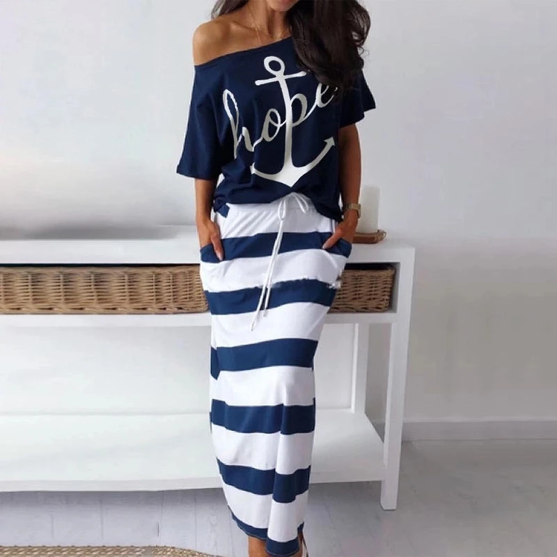 

Women Striped Dress Summer Casual Slim Sexy Slash Ankle-Length Dresses 2 Pieces Female Off Shoulder Blouses T-shirt & Maxi