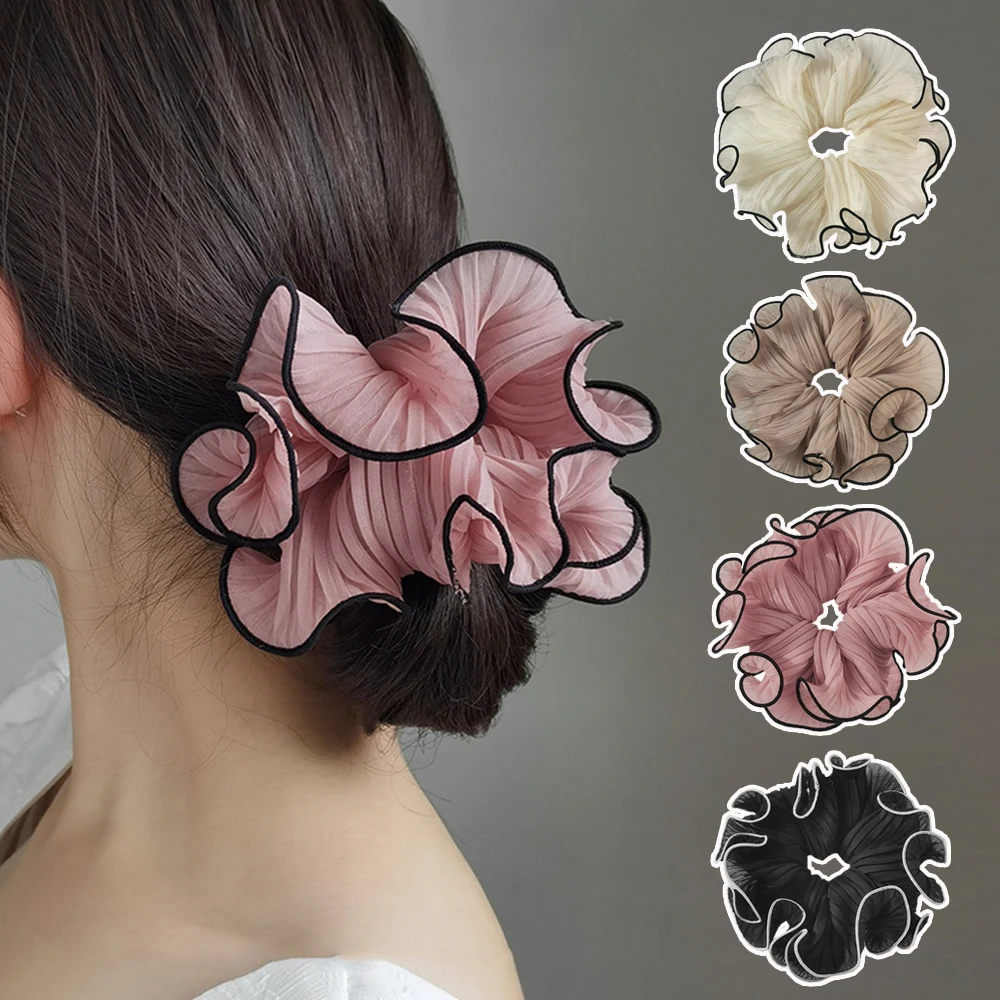 

Retro Wrinkle Chiffon Scrunchies Ponytail Holder Hair Tie Soft Large Elastic Hair Band Agaric Edge Hair Ring Hair Accessories