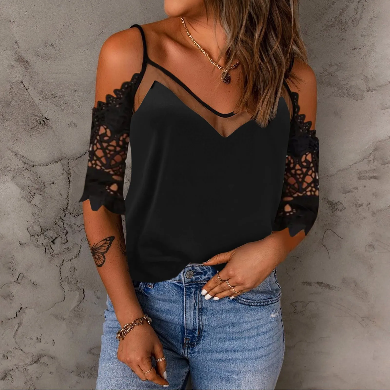 

Womens Black Camislole Ladies Lace Mesh Patchwork Mid Length Sleeve Tanks V Neck Casual Tank Elegant Ladies Basic Camis Famale