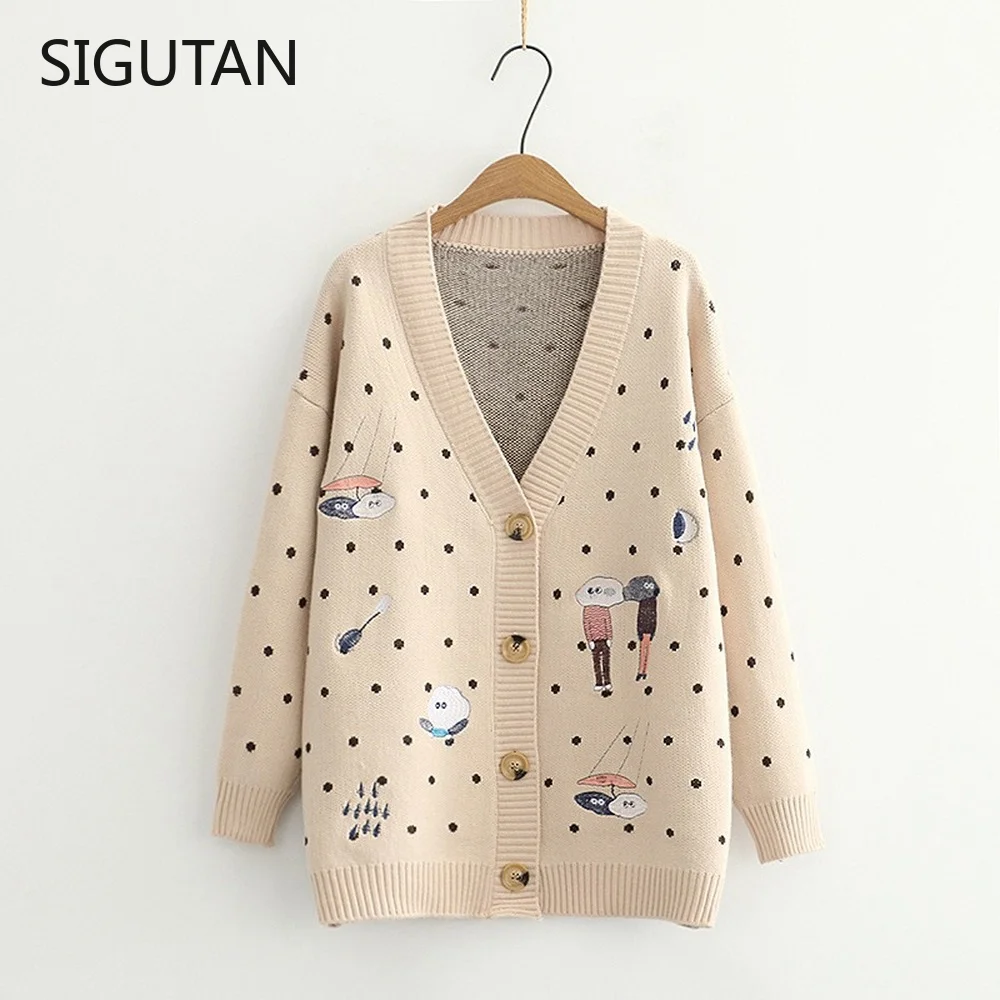 

2022 Autumn Dot Cartoon Print Knit Cardigan Women V Neck Long Sleeve Knitshirt Tops Female Cute Outwear Knit Sweater Coat