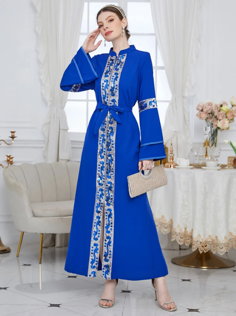Arabic Dresses For Women Embroidered Sequins Patchwork Solid Blue Long Sleeve Split Hem Dress Islam Oman Qatar Abaya