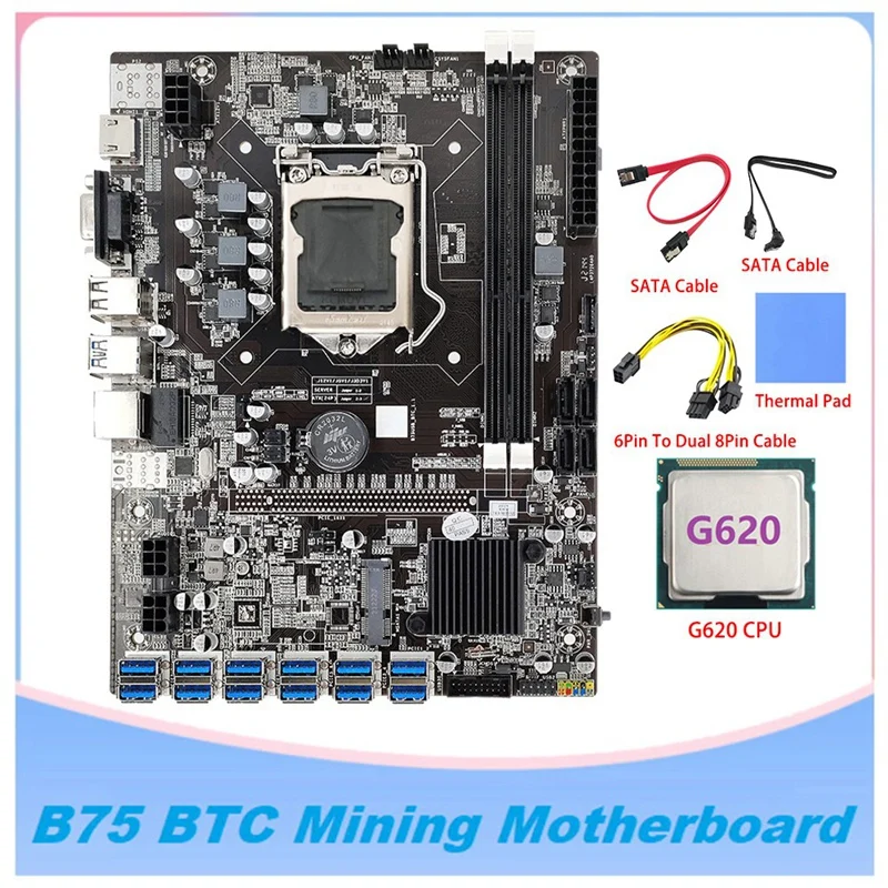 

B75 BTC Майнер материнской платы 12pcie к USB LGA1155 с G620 ЦП + SATA кабель + 6Pin к двойному 8Pin кабелю B75 ETH Майнер
