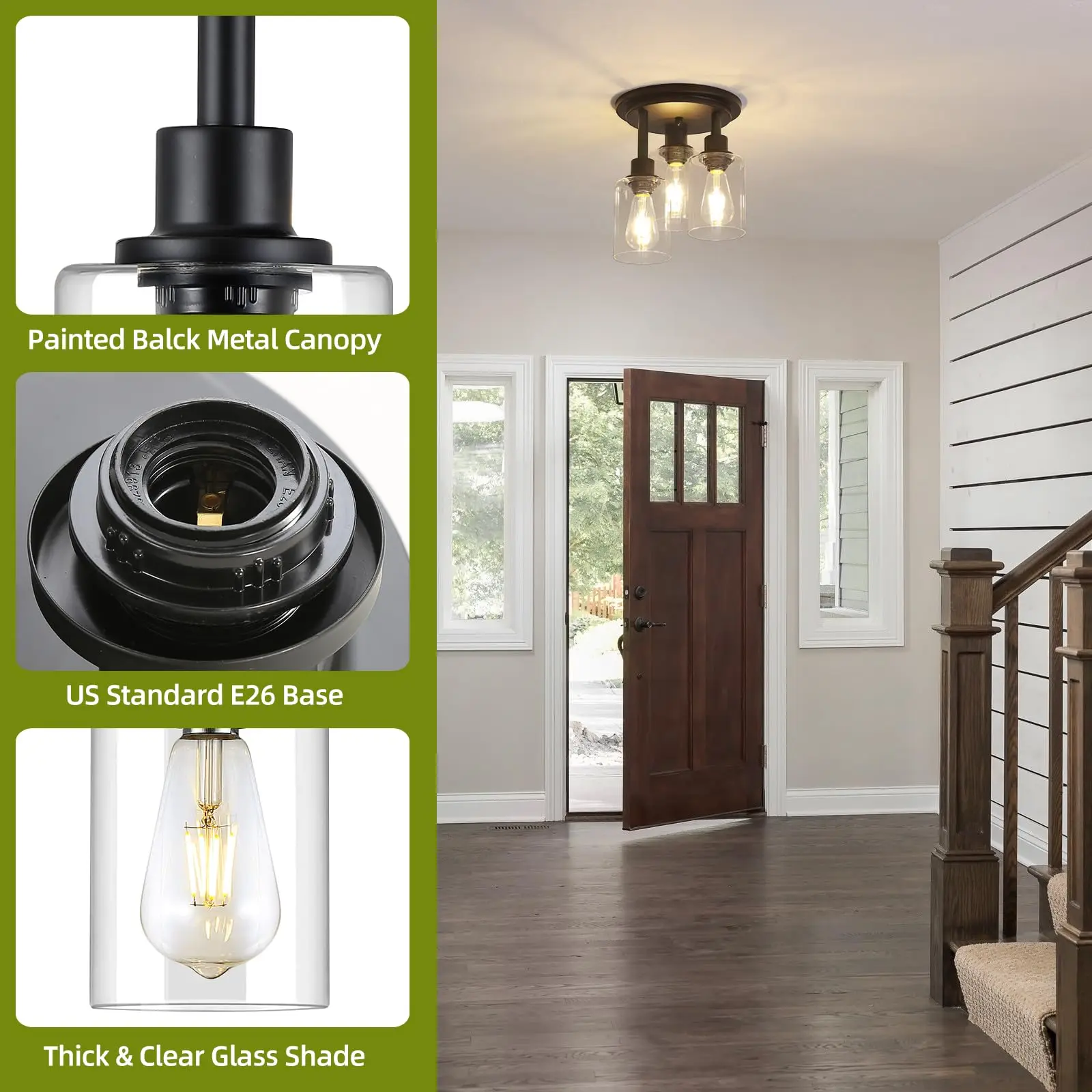 Lampa sufitowa do montażu podtynkowego 3 jasne szklane klosz matowe czarne wykończenie przemysłowa rustykalna oprawa gabinetu