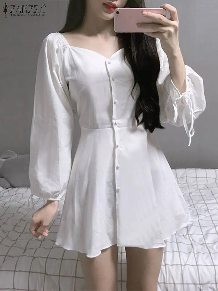 

ZANZEA Puff Sleeve Korean Fashion White Dresses Elegant Women Mini Dress Sexy Ruffled Vestidos Off Shoulder Vintage Short Robes