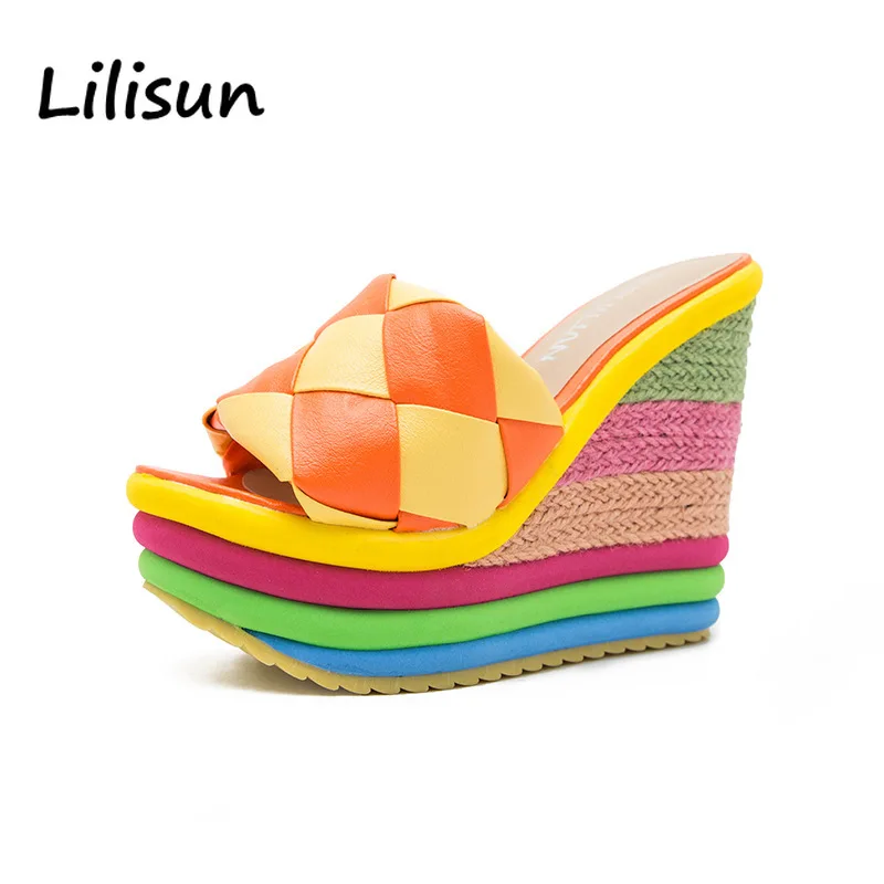 

Wedge Slippers Women High Platform Espadrille Sandals Weave Rainbow Cute Peep Toe Ladies Slides Flip Flop Sandalias Plus Size 43