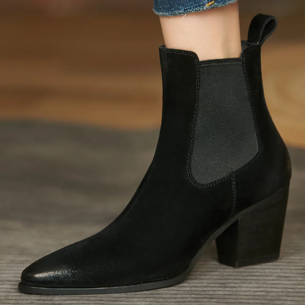 

Women's genuine leather elastic fabric patchwoek slip-on autumn ankle boots thick high heel pointed toe short chelsea boots shoe