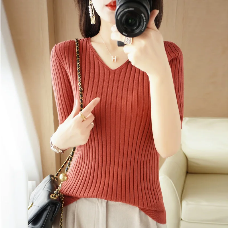 New V-neck Knitwear Women's Slim Pullover Thin Non-Cashmere Inner Half-Sleeve Base Top