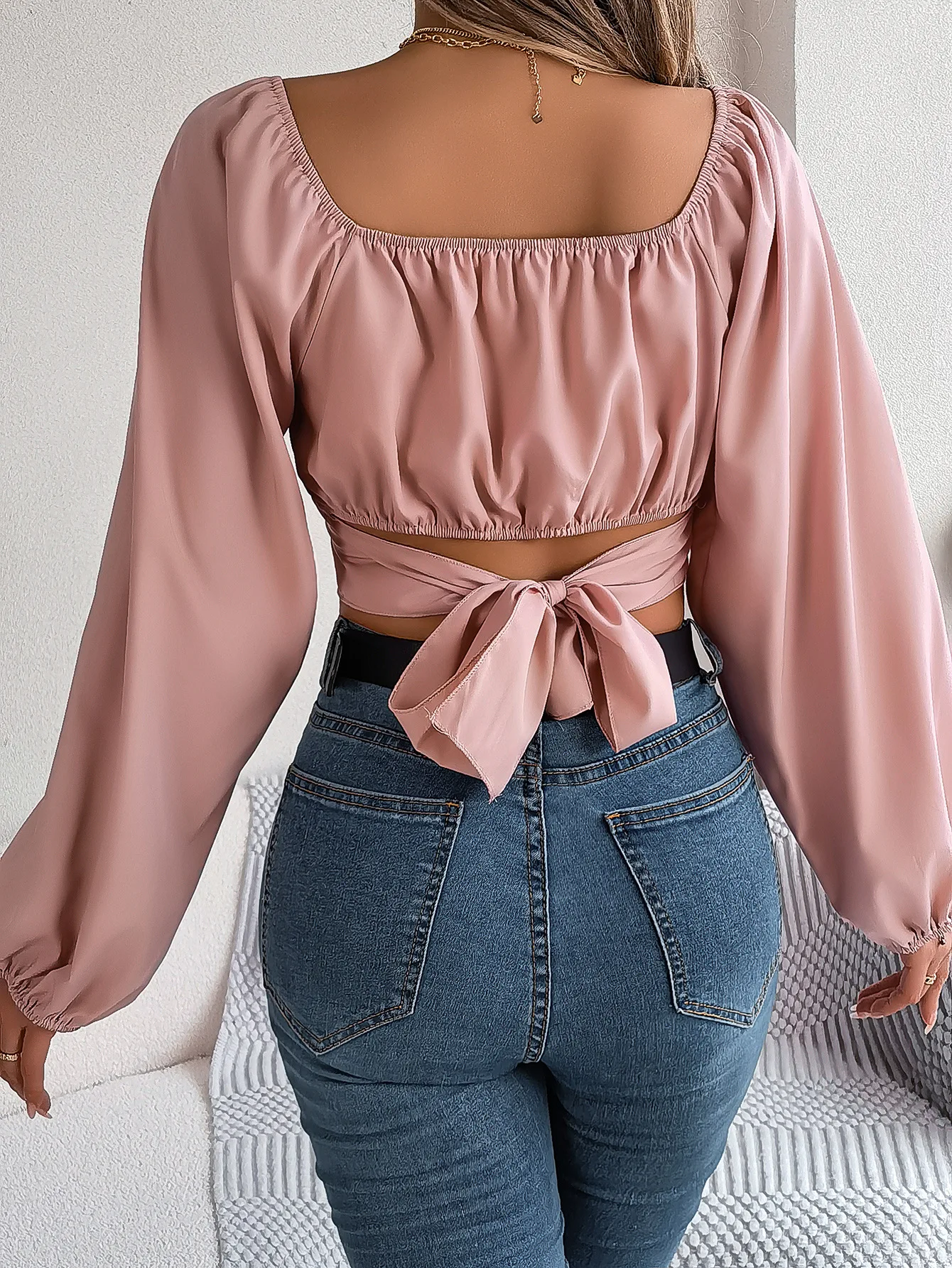 Casual Tie Waist Chiffon Shirt With Exposed Navel Top French Style Preppy Girl Puff Sleeve Shirts Summer Design Sense Sweet