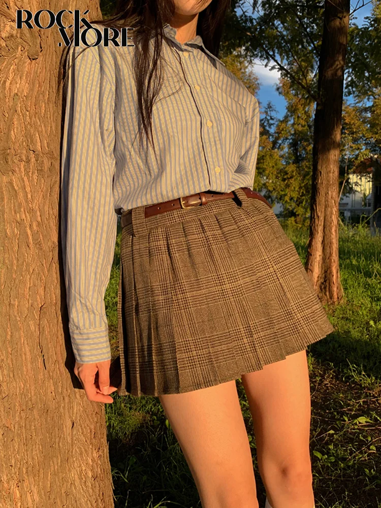 

Rockmore Vintage Stripes Pleated Skirt with Belt Y2K Aesthetic Preppy Style Women Plaid Mini Skirts Sweet School Uniforms Faldas