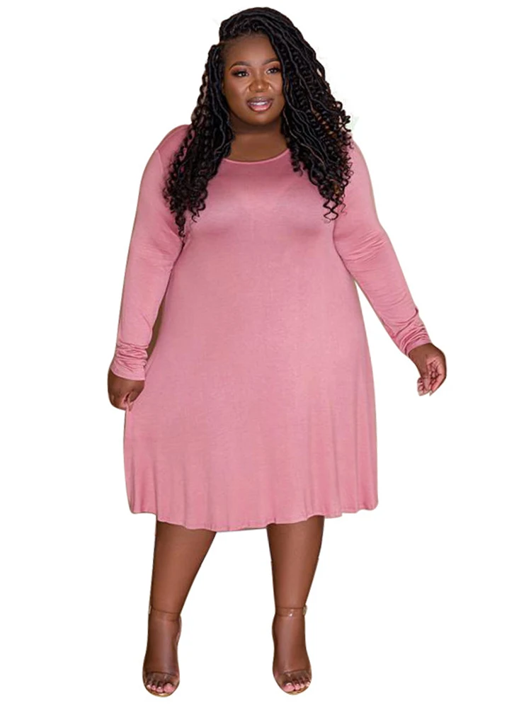

African Short Dresses For Women O Neck Full Sleeve Knee Length Ropa Mujer Autumn New Solid Loose Casual African Dress Vestidos
