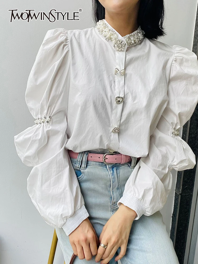 

TWOTWINSTYLE Solid Patchwork Nail Bead Elegant Blouses For Women Half High Collar Puff Sleeve Temperament Blouse Female Fashion
