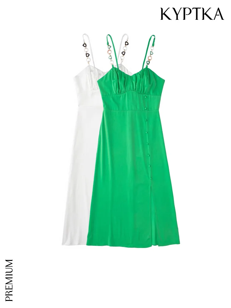 

KYPTKA Women Fashion With Chain Front Slit Satin Gathered Midi Dress Vintage Backless Zipper Thin Straps Female Dresses Vestidos