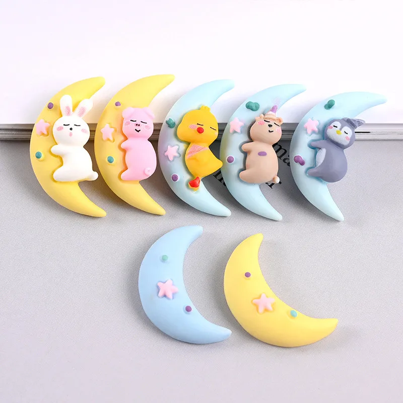 

10pcs Cute Rabbit Duck Pig Penguin Bear Moon Resin Flatback Cabochons Scrapbook DIY Phone Case Hairpin for Jewelry Making R150