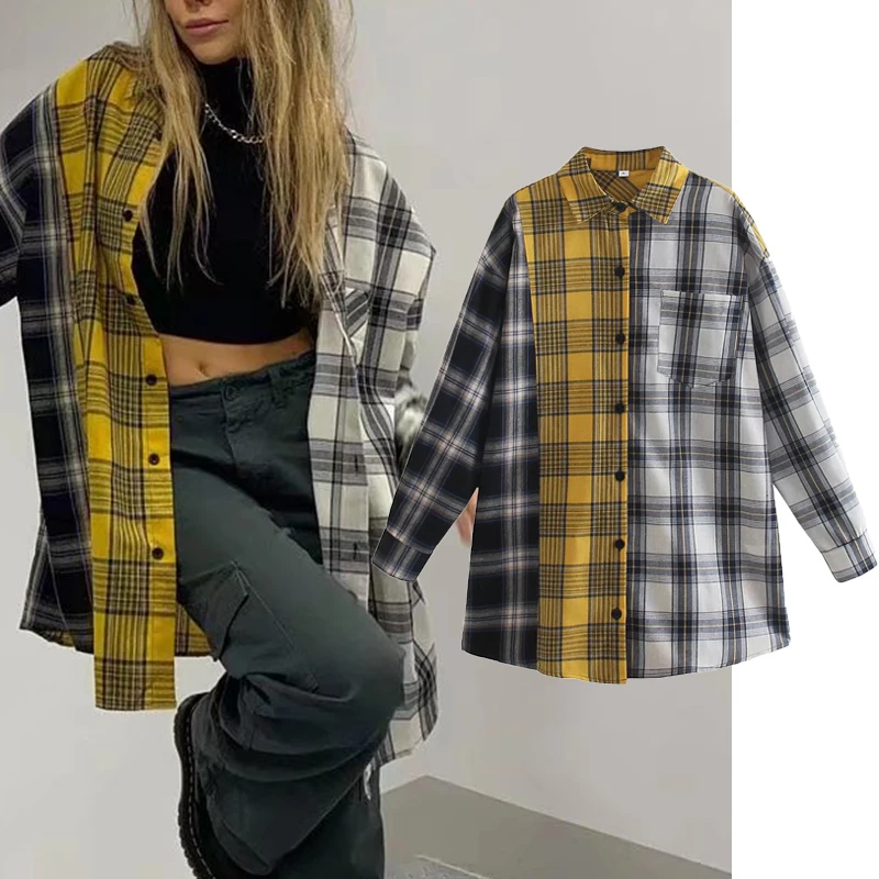

2022 New Women Plaid Vintage Blouse Single Breasted Turn Down Collar Casual Tops Long Sleeve Female Loose Shirts