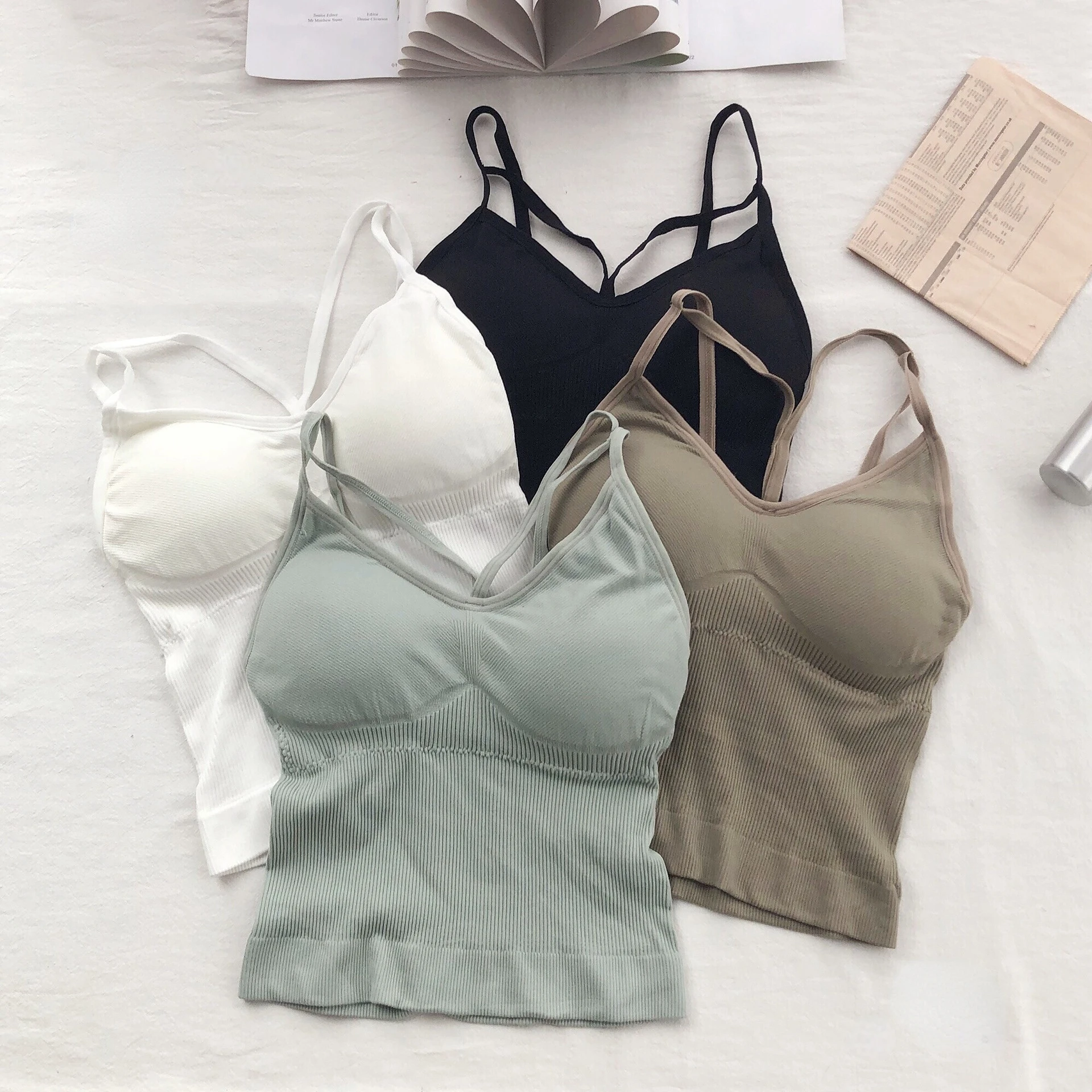 

Women Sexy Suspender Vest with Chest Pad Cotton Lingerie Brassreie V Neck Crop Top Female Built In Bra Sports Tank Top Camisole