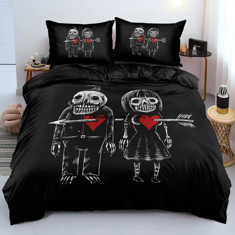 

Romantic Couple Skull Bed Linen Black Comforter Cover Set Twin Full Queen King Size 135x200cm Bedding Set Bedroom Fashion Design