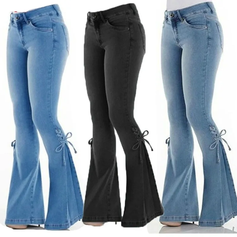 

Winter Women's Flared Jeans Warm Bow-knot Decoration Plus Size Pants Wide-leg Pants Female Mid-waist Tight-fitting Flared Pants