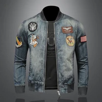 2022 spring fall new fashion casual mens embroidered badge stand collar zipper slim hip hop long sleeve mens denim jacket