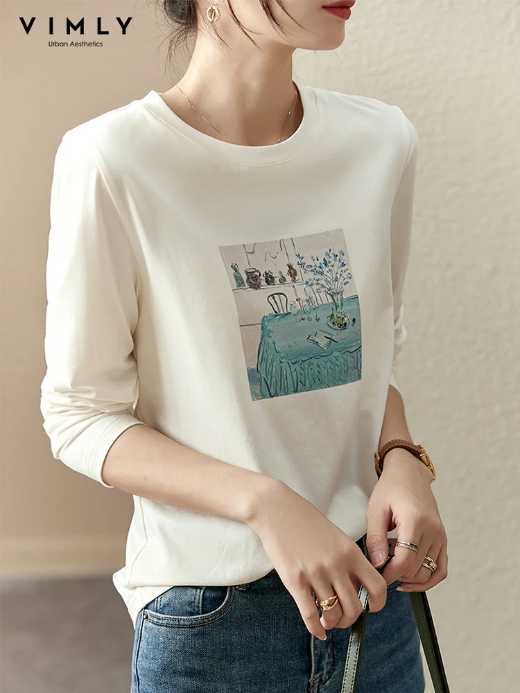 

Vimly White T Shirt for Women Soft Cotton Tops Long Sleeve Tees 2023 Korean Fashion Elegant Casual Basic O Neck T-shirts V3700